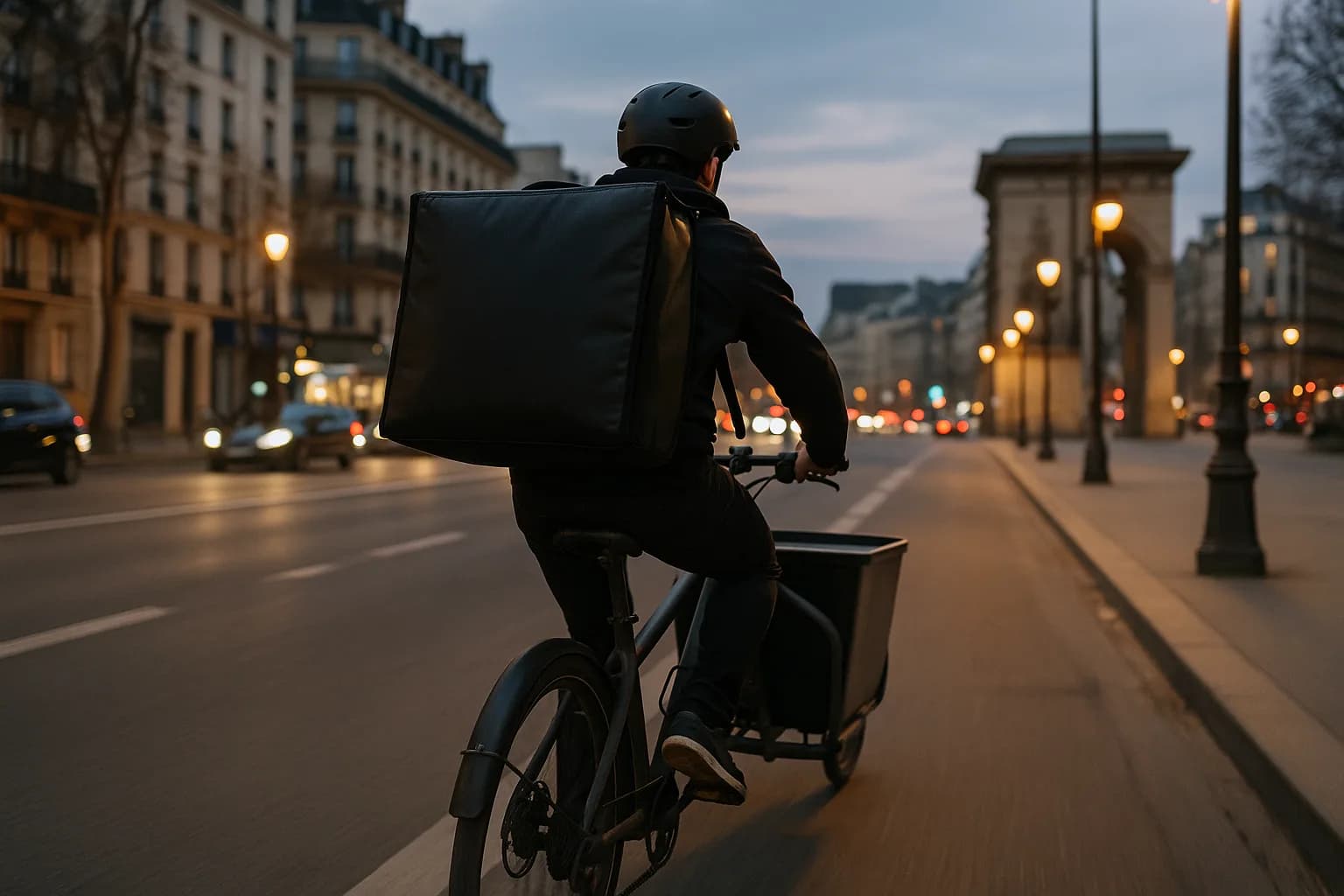 Coursier à vélo-cargo partant livrer Paris avec un sac isotherme