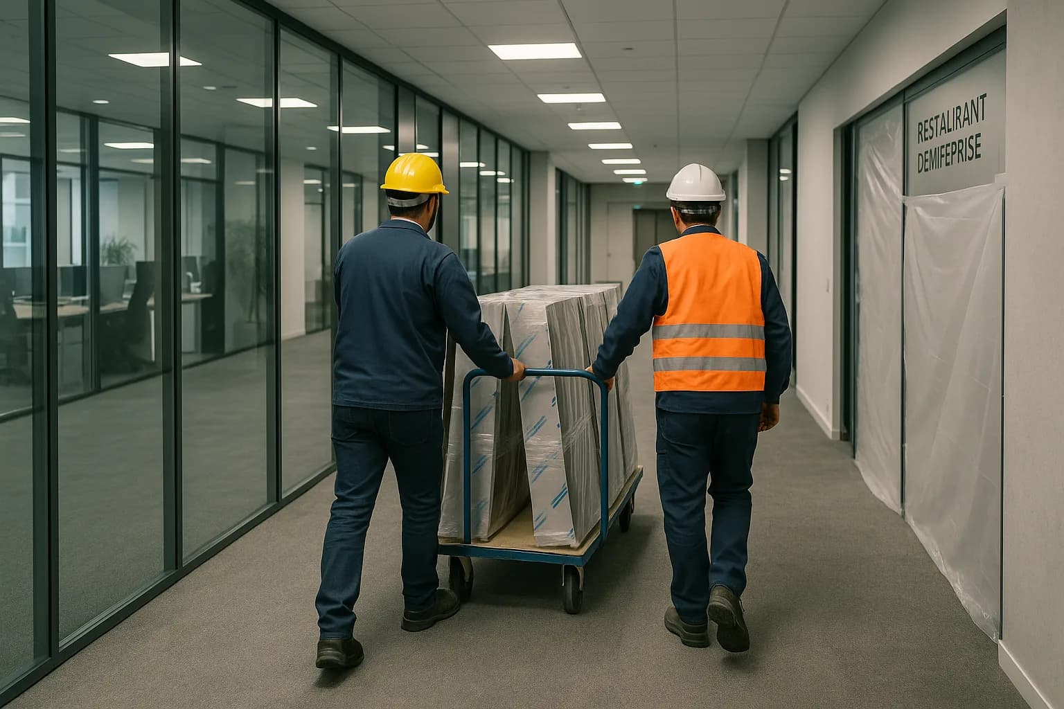 Panneaux inox convoyés dans le couloir vitré d’un immeuble tertiaire