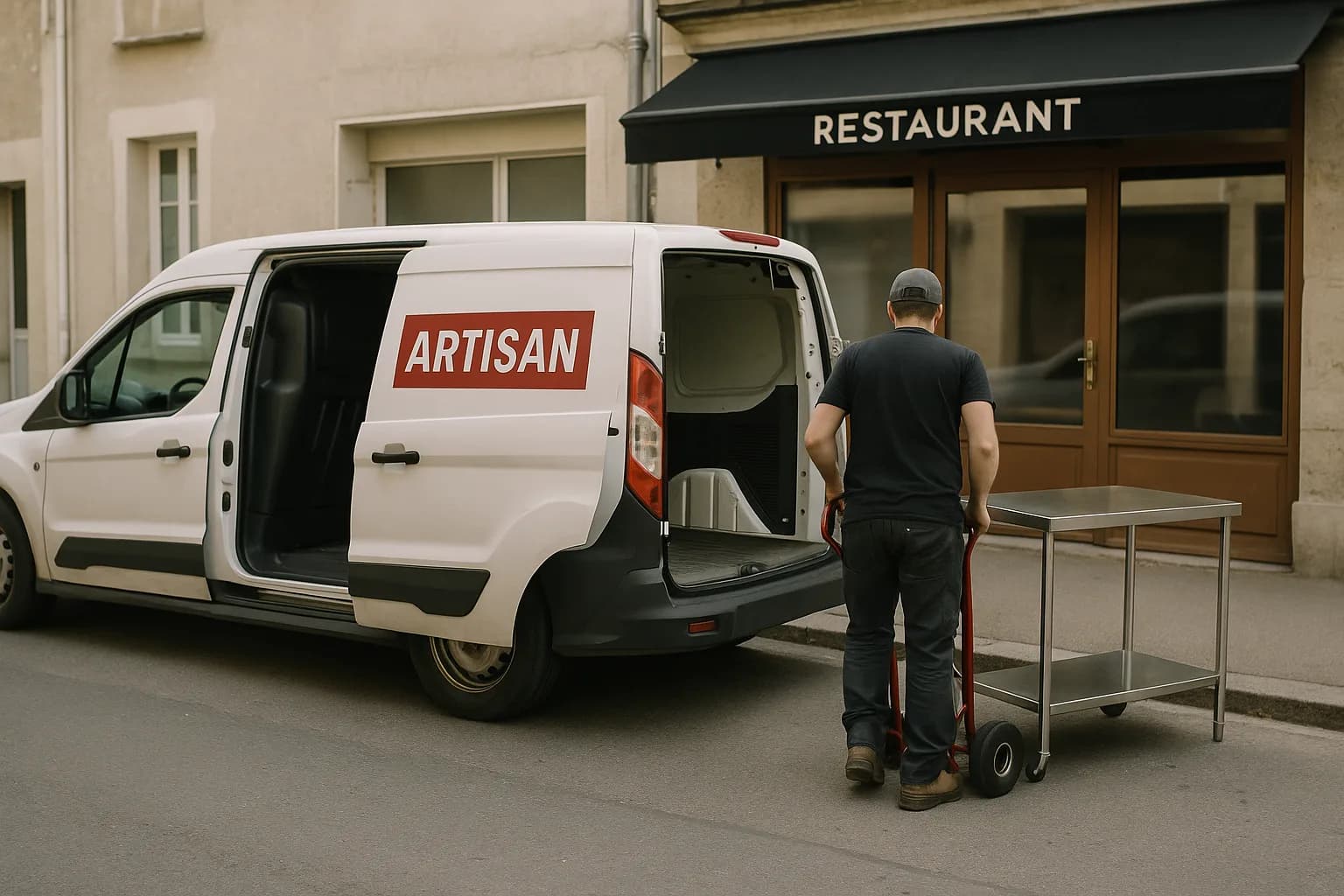Utilitaire d’artisan déchargé devant un restaurant de centre-ville