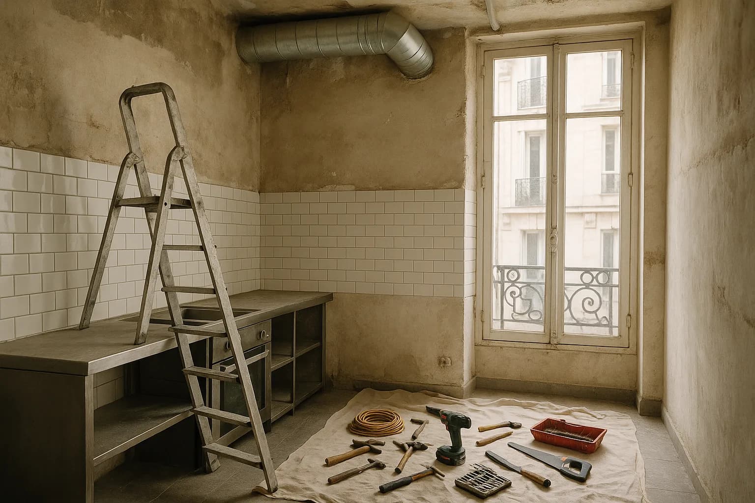 Cuisine de restaurant parisien exiguë en cours de rénovation