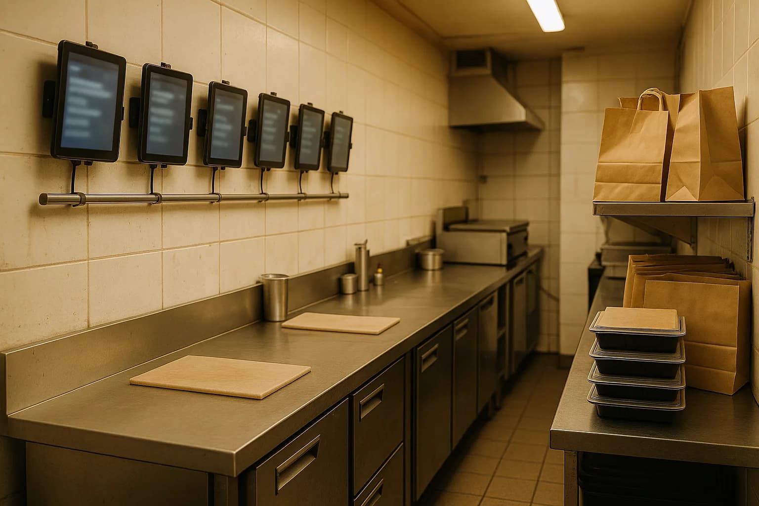 Cuisine de livraison compacte : postes inox alignés et sacs de livraison prêts