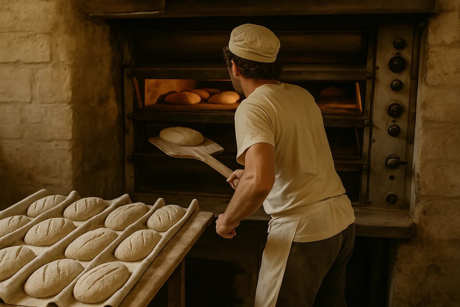 Boulanger de dos enfournant des pains dans un four à soles de fournil