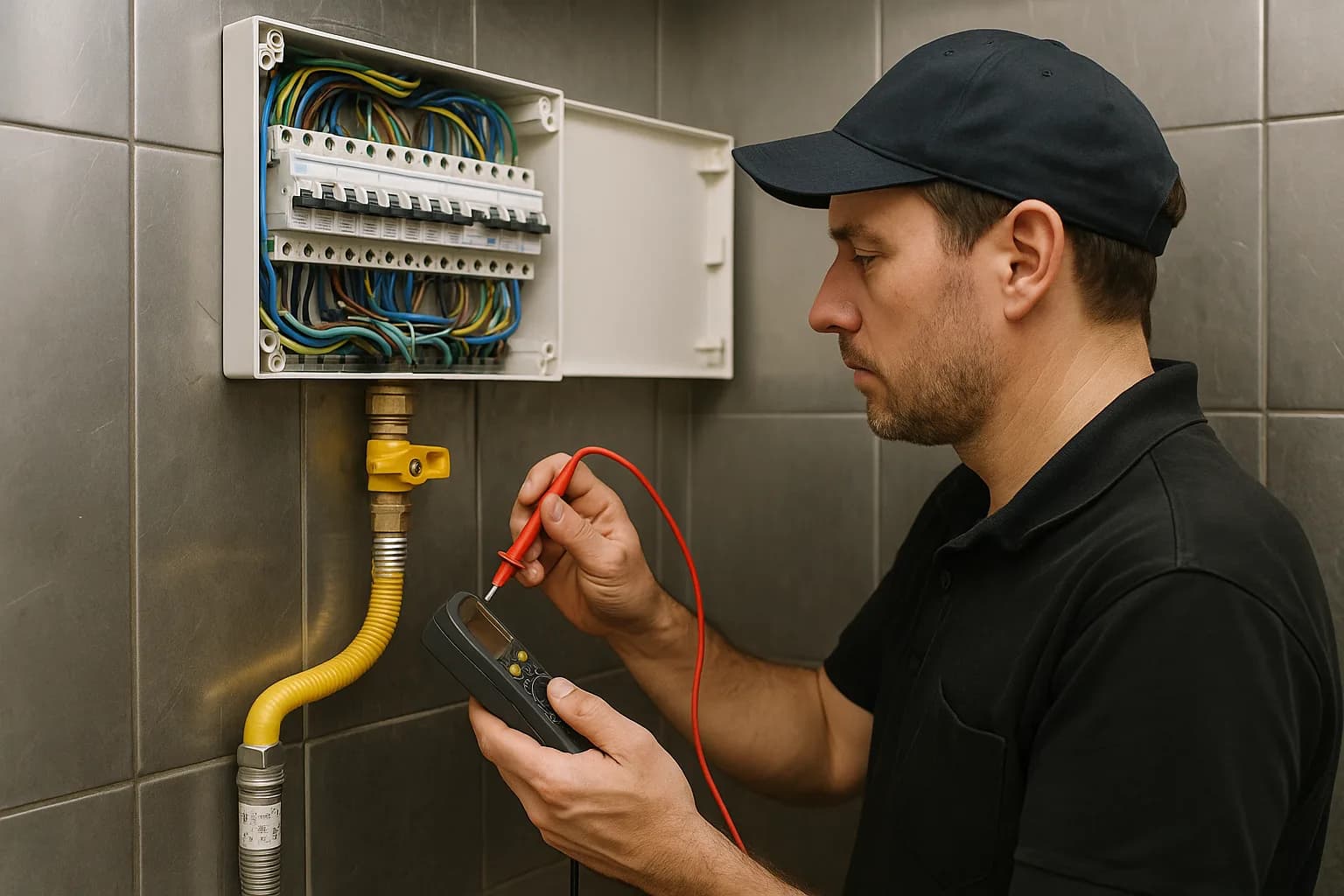 Raccordements gaz et tableau électrique d’une cuisine professionnelle en chantier