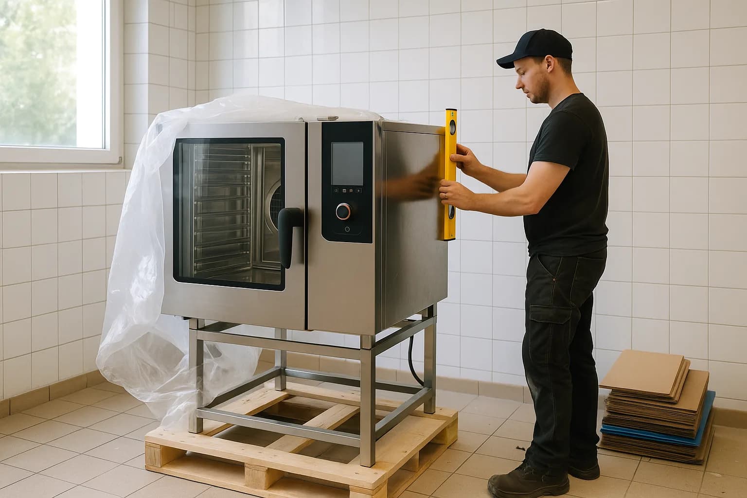 Matériel de cuisine neuf déballé dans un local en cours d’installation