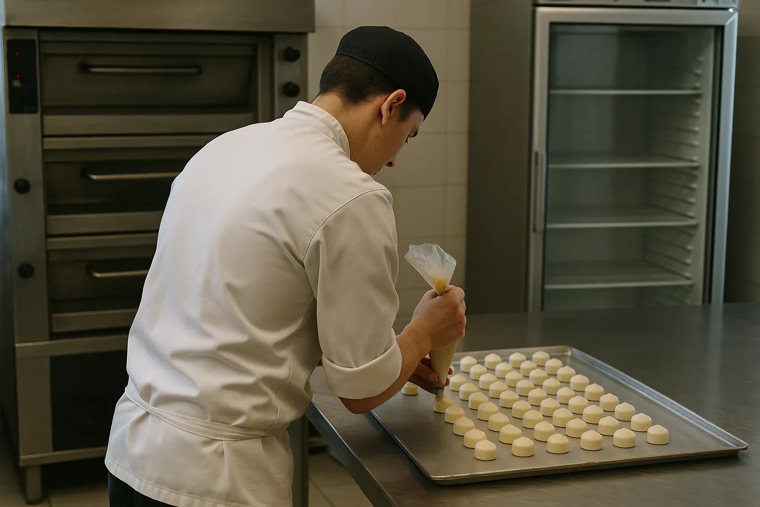 Pâtissier de dos dressant des entremets dans un laboratoire de pâtisserie