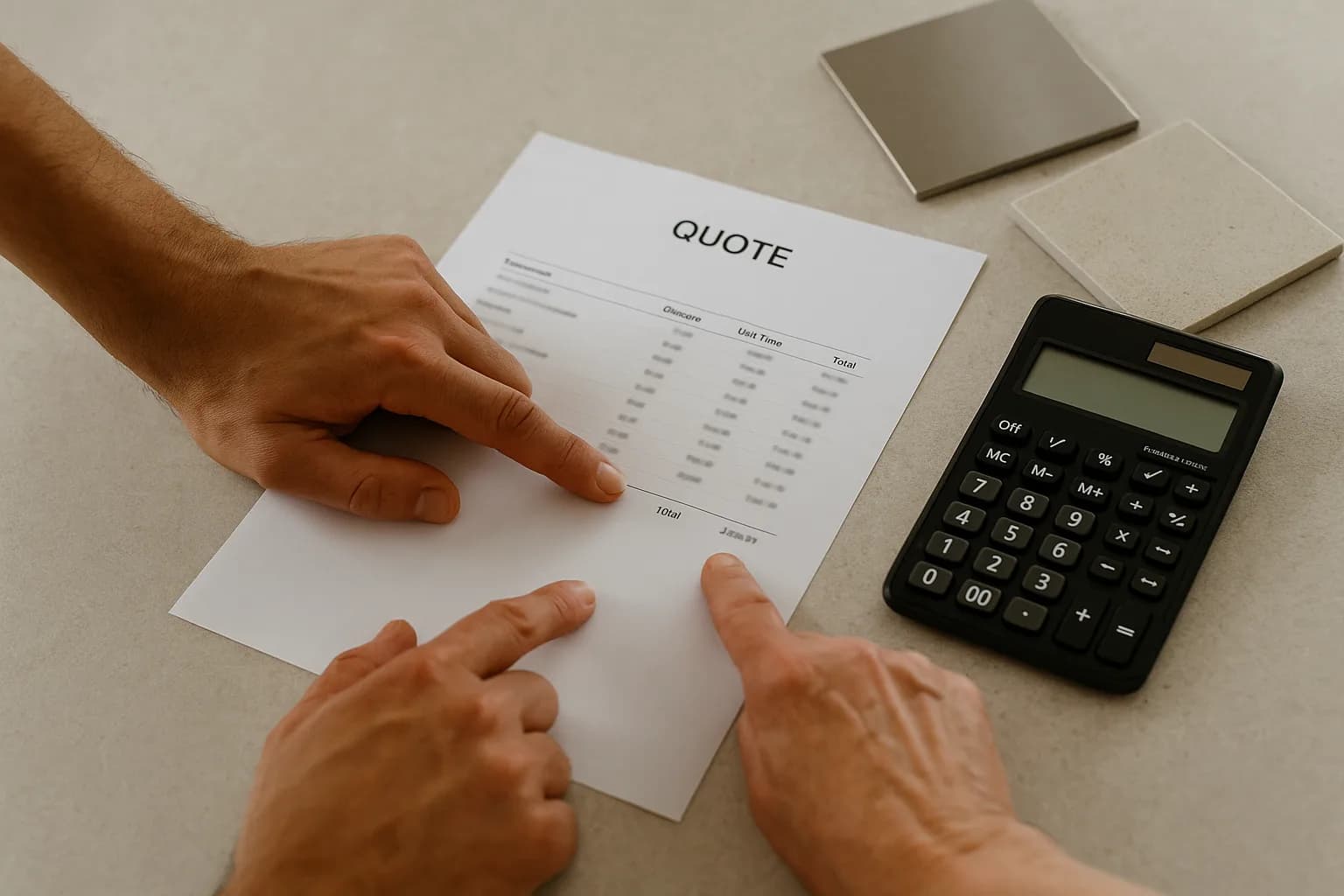 Devis chiffré, calculatrice et échantillons de matériaux sur une table de réunion