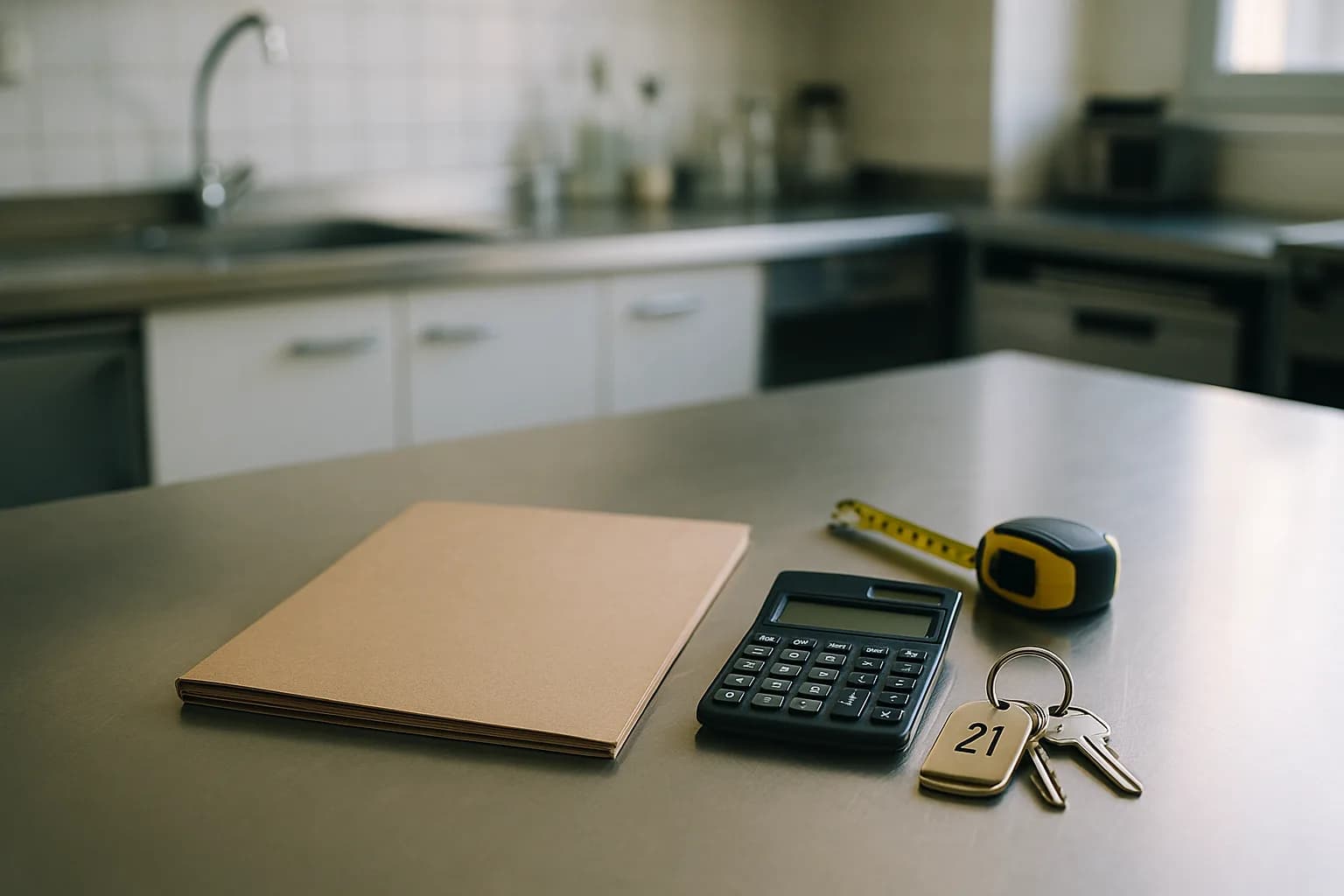 Dossier de location, calculatrice et clés d’un labo posés sur un plan inox